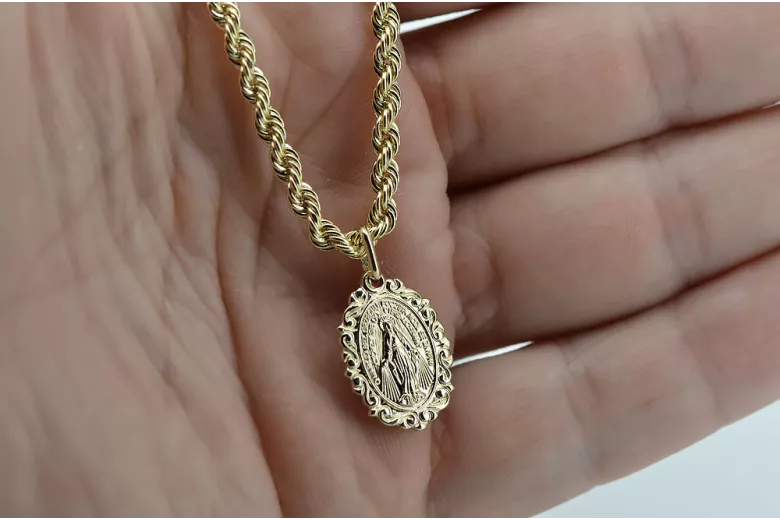 Gold 14k 585 Mother of God virgin Mary medallion pendant & chain Corda pm005y&cc019y2mm