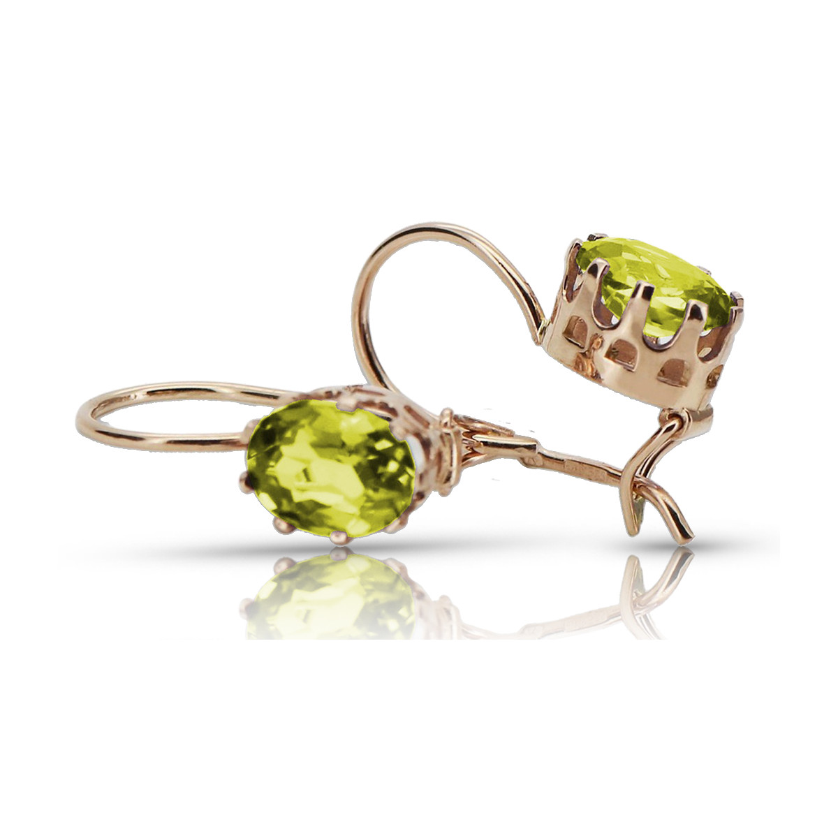 "Elegant Vintage 14K Rose Gold Earrings Adorned with Yellow Peridot Stones" vec196