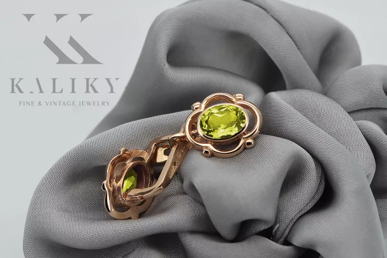 "Cercei eleganți din aur roz de 14k cu peridot vec033, stil vintage Sovietic Rusesc" style