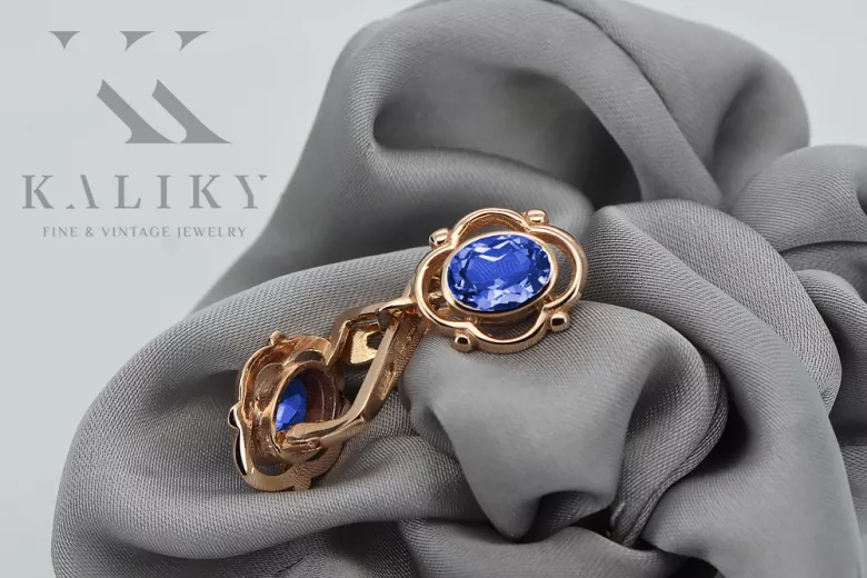 "Elegant 14K Rose Gold Sapphire Earrings, Vintage Russian Soviet Design vec033" style