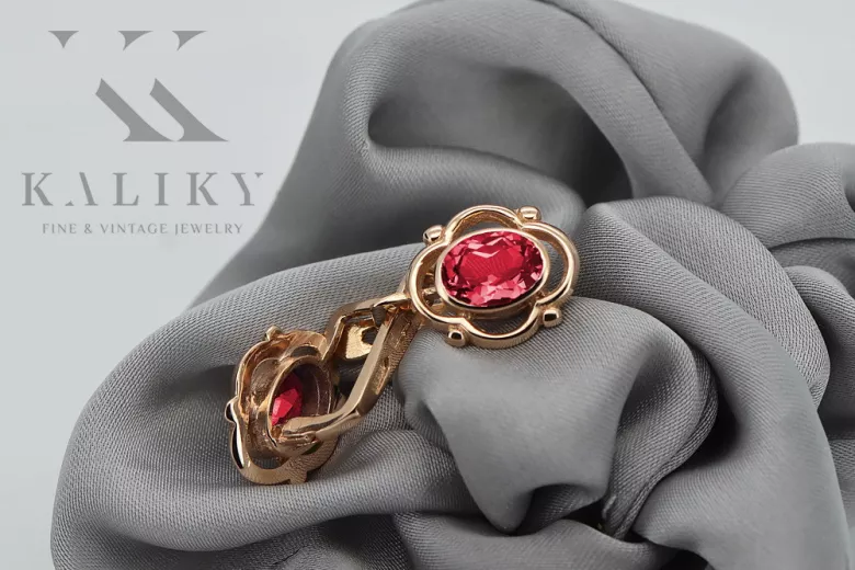 Unikalne Kolczyki Rubinowe Vintage, Ręcznie Robione z 14k Różowego Złota vec033 pochodzące z Rosji style