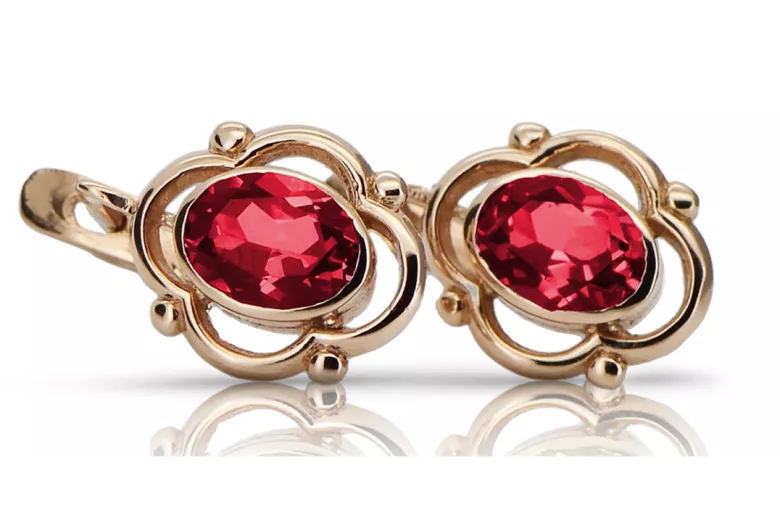 "Russian Soviet vec033 - Vintage 14K Rose Gold Earrings with Pink Rubies" style