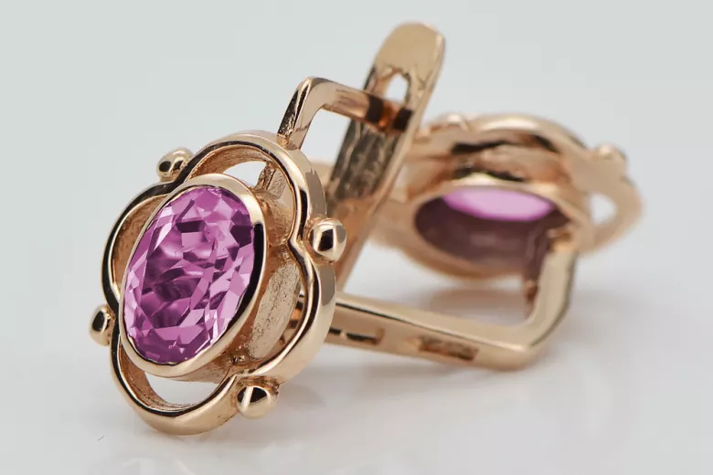 Original Vintage-Roségold 14K 585 mit Amethyst vec033 Russisch-Sowjetische Ohrringe style