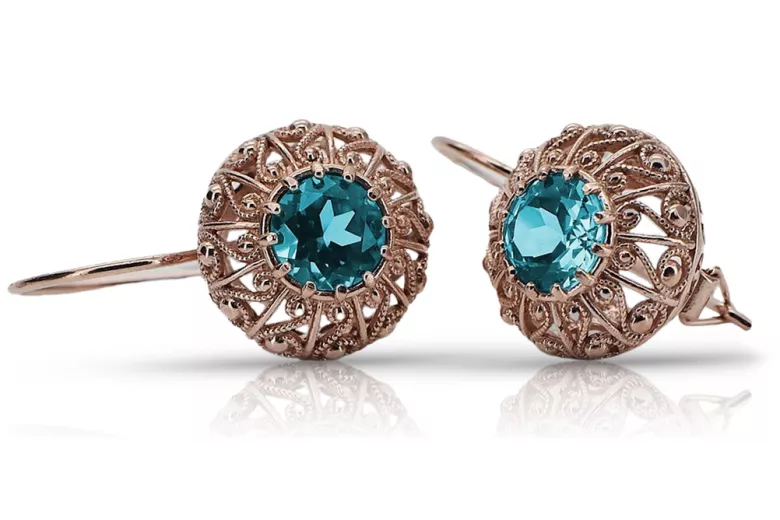 "Vintage Russian Soviet vec002: Original 14K Rose Gold Aquamarine Earrings" style