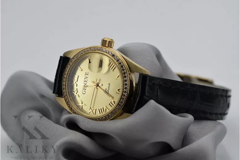 Złoty zegarek damski 14k w style Rolex z BRYLANTAMI 0.25ct Geneve lwd078ydg