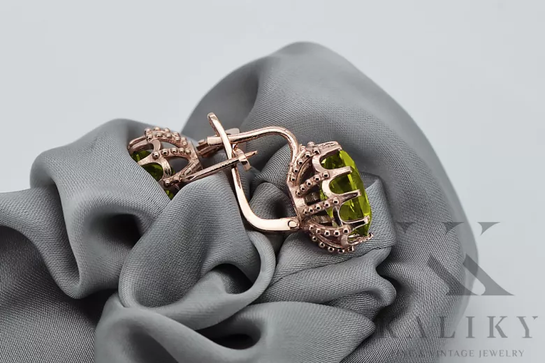 "14K 585 Rose Gold Vintage Earrings Adorned with Yellow Peridot vec079" Vintage