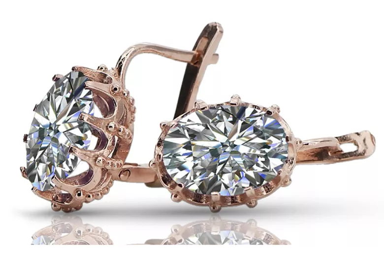 Boucles d'oreilles en or rose 14 carats et zircon, design vintage authentique vec079. Vintage