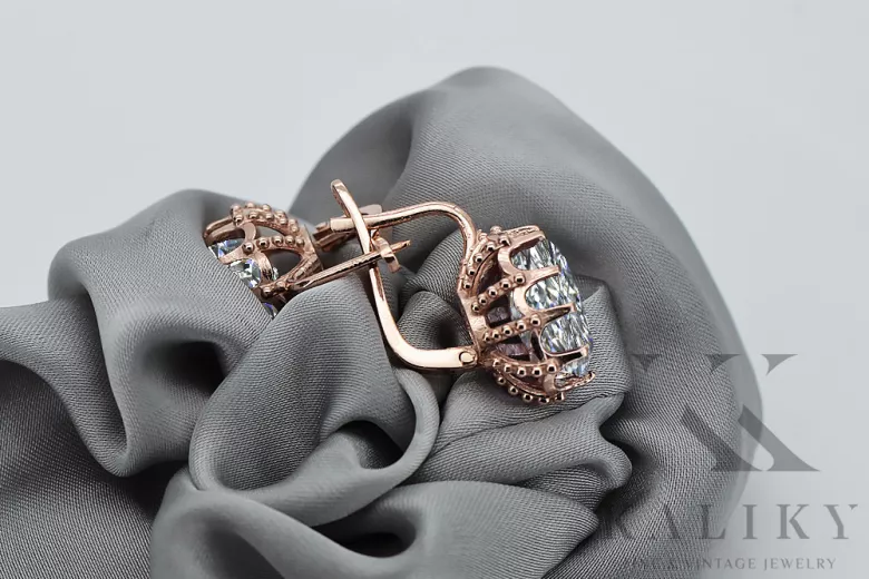 Boucles d'oreilles en or rose 14 carats et zircon, design vintage authentique vec079. Vintage