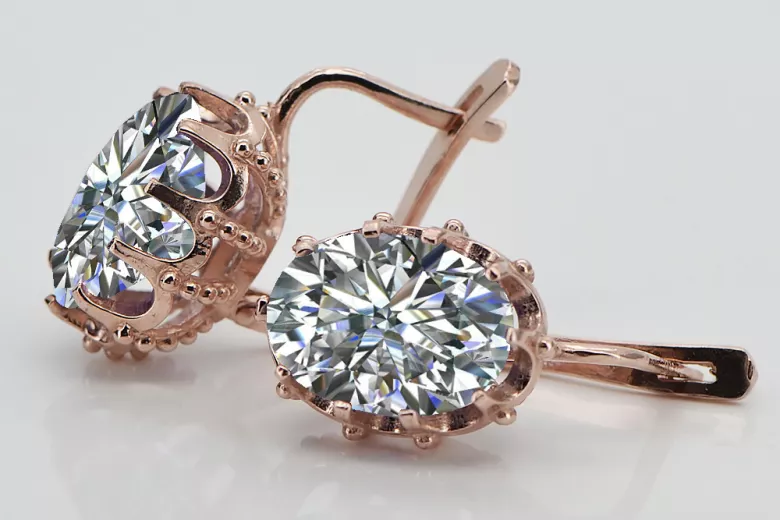 Boucles d'oreilles en or rose 14 carats et zircon, design vintage authentique vec079. Vintage