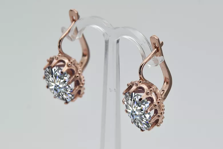 Boucles d'oreilles en or rose 14 carats et zircon, design vintage authentique vec079. Vintage