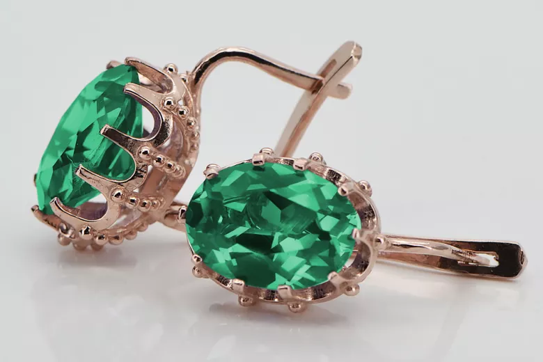 "Vintage Emerald-Adorned 14K 585 Rose Pink Gold Earrings vec079" Vintage