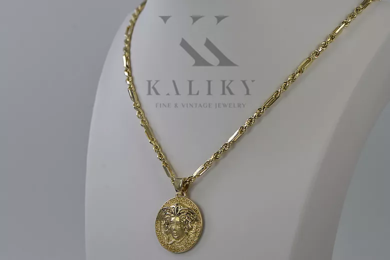 Złoty medalik Grecka droga meduza Versace 14k 585 z łańcuszkiem Corda Figaro cpn049y&cc082y