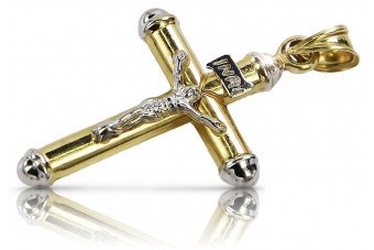 "Elegant 14K Yellow White Gold Jesus Cross - Italian Catholic Design" ctc015yw