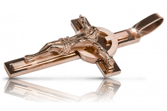 Magnifique Croix de Jésus Catholique en Or Rose 14k d'Origine Italienne Vintage ctc096r