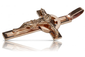 "Elegant 14K Rose Gold Catholic Cross with Red and Pink Details" ctc049r