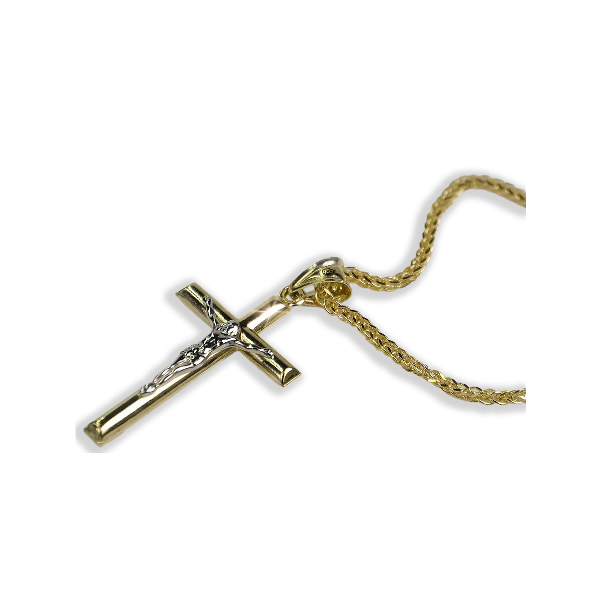 Croix catholique italienne en or jaune 14 carats et chaîne Spiga