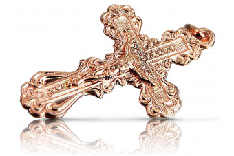 "Croix orthodoxe antique en or rose 14 carats avec accents rouges" oc002r