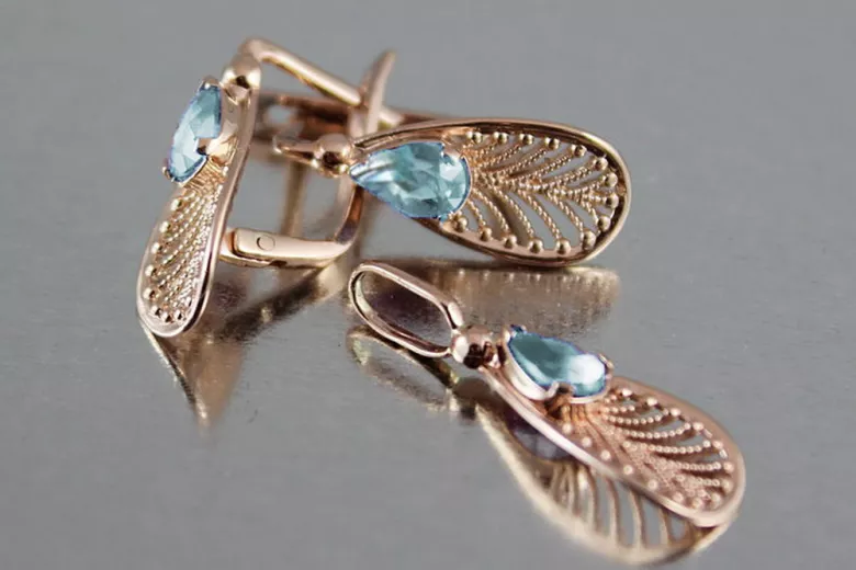 "Luxurious Aquamarine 14K Rose Gold Vintage Earrings vec067". Vintage