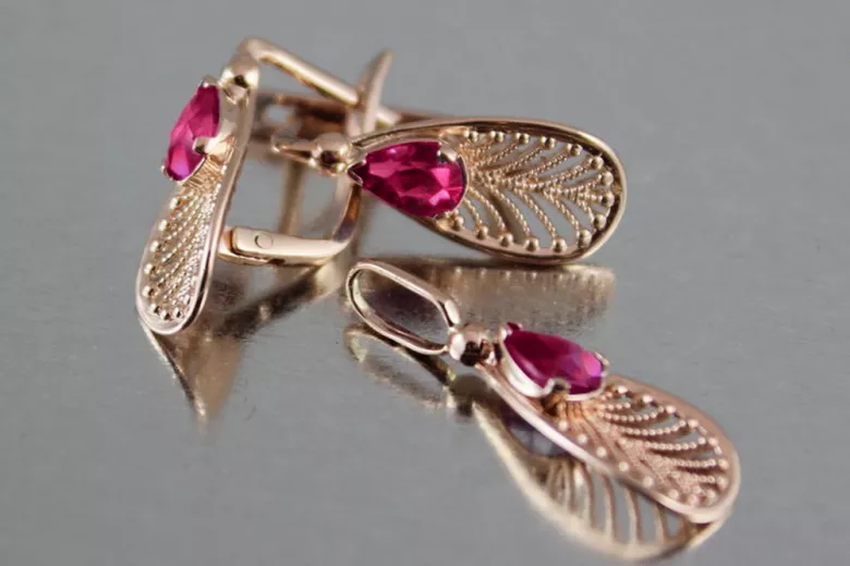 Classic Vintage 14K Rose Gold Earrings with Stunning Ruby Accents vec067