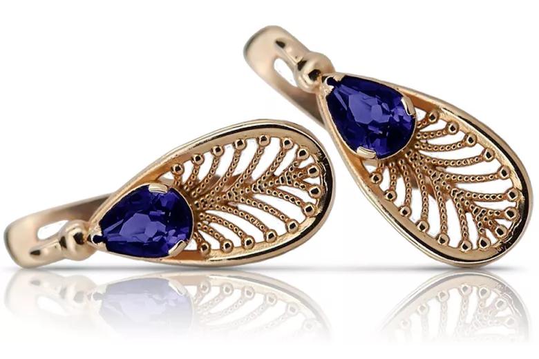 Saphir vintage et boucles d'oreilles en or rose 14 carats, style classique vec067. Vintage