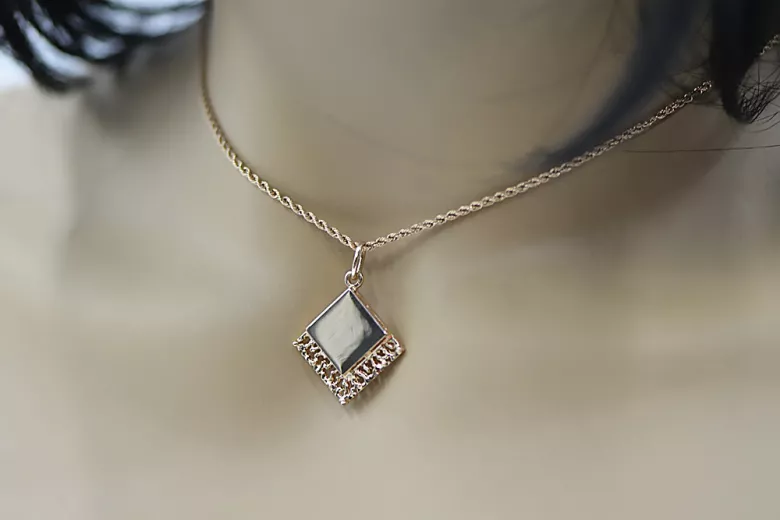 "Original Vintage Rose Pink 14K Gold Square Pendant - No Stone Design" vpn041