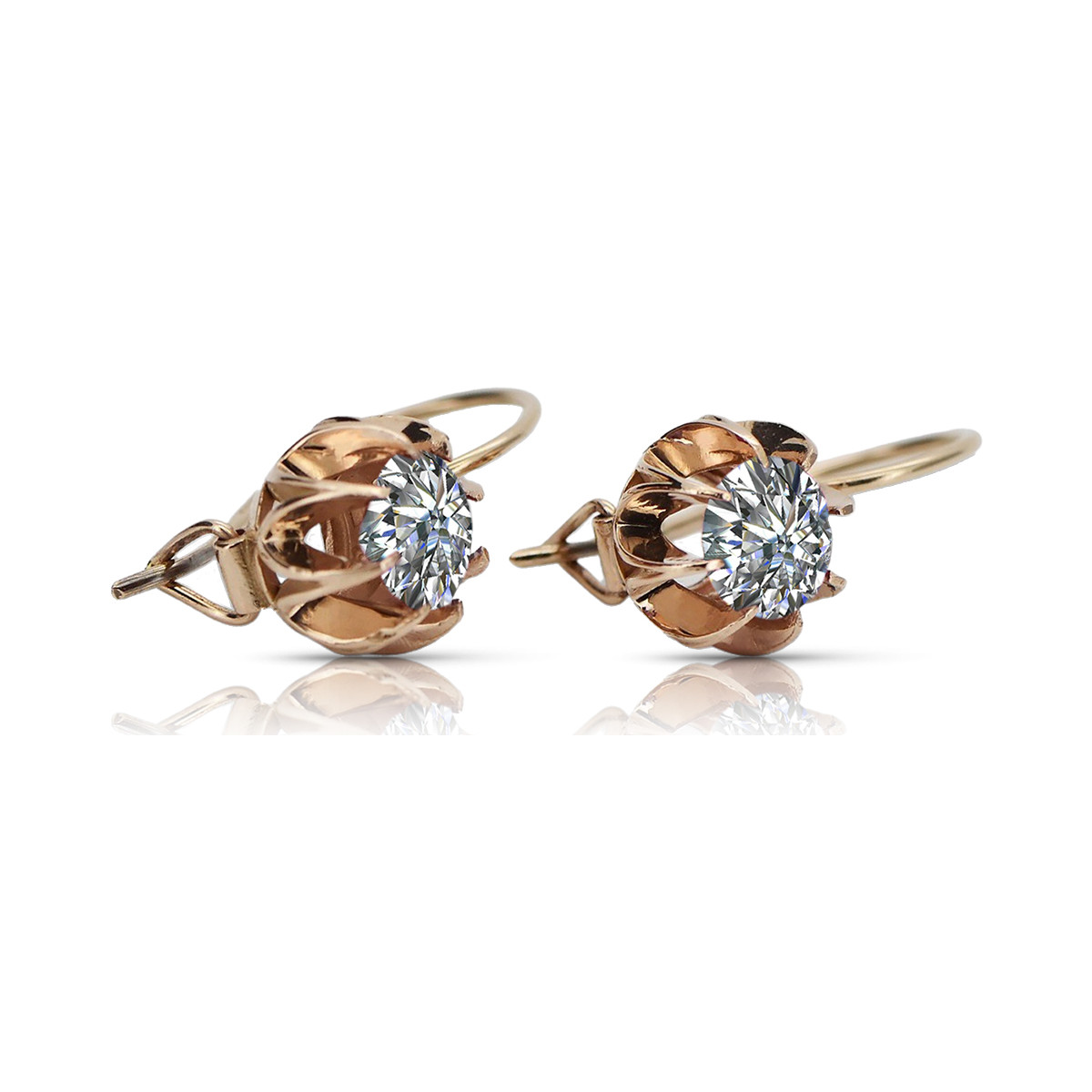 Zircon scintillant et or rose 14 carats, boucles d'oreilles vintage authentiques vec062