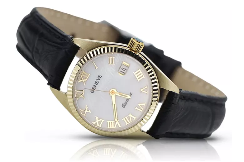 Złoty zegarek damski Rolex style 14k 585 Geneve perłowa tarcza lw020ydpr