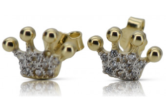 Italian 14k 585 yellow gold crown zircon earrings cec015y