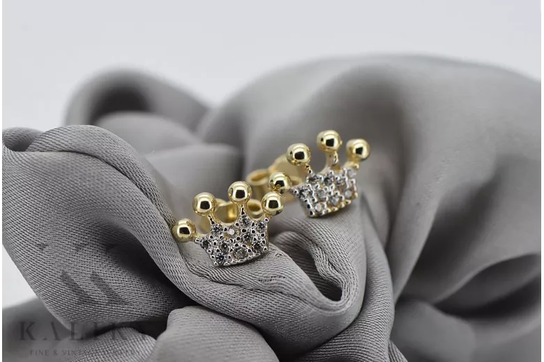 Italian 14k 585 yellow gold crown zircon earrings cec015y