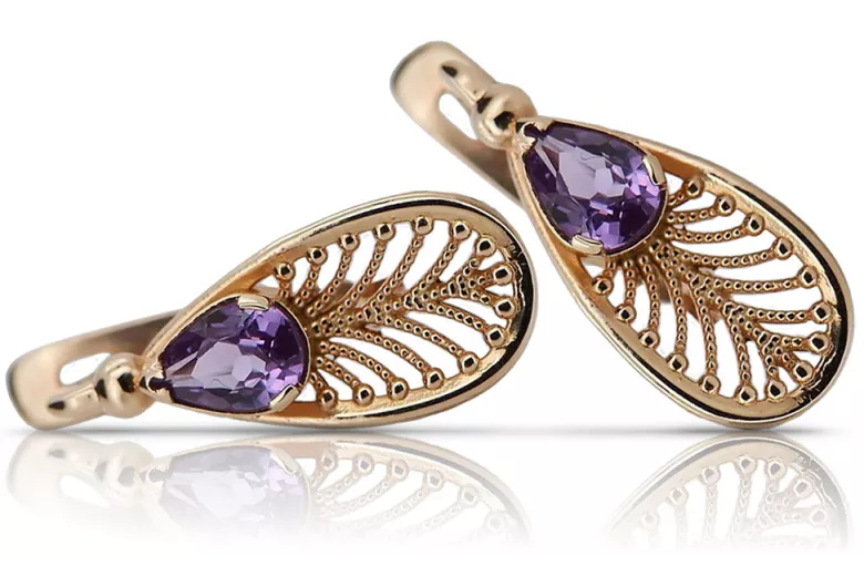 Boucles d’oreilles en or rose soviétique russe 14k 585 vec067 alexandrite rubis émeraude saphir ...