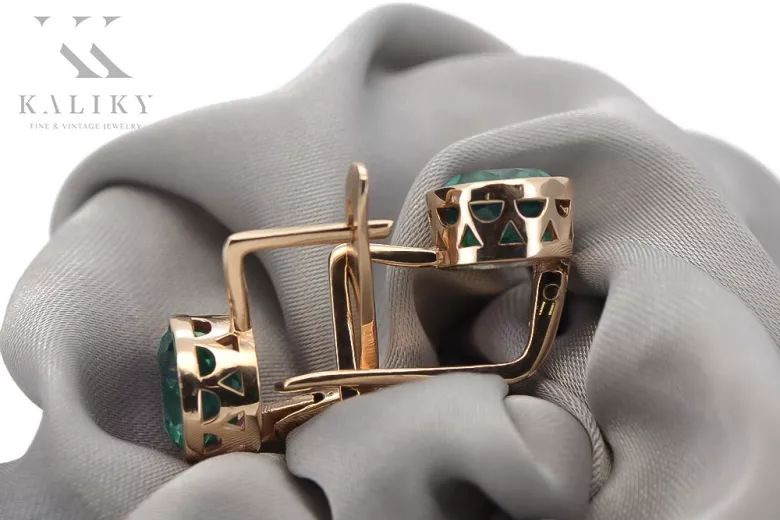 "14K Rose Pink Gold Earrings featuring Vintage Emeralds" vec107