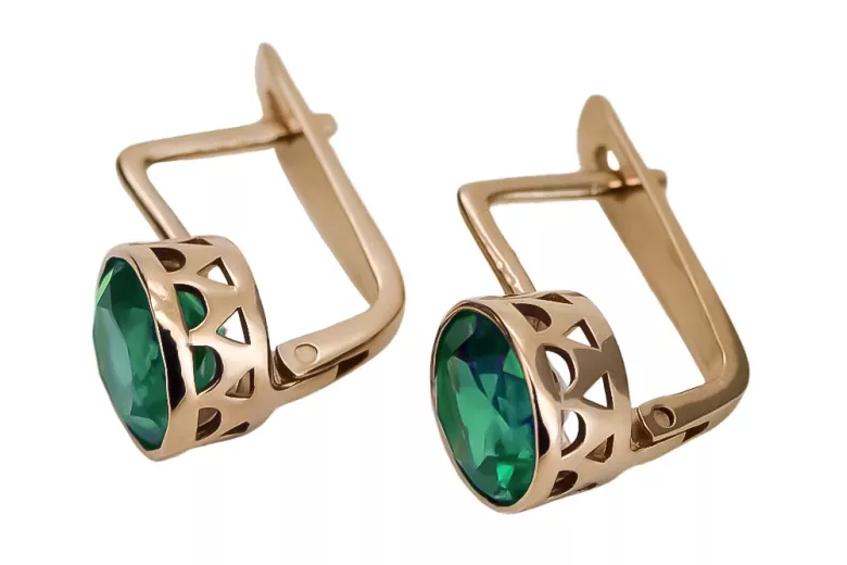 "14K Rose Pink Gold Earrings featuring Vintage Emeralds" vec107