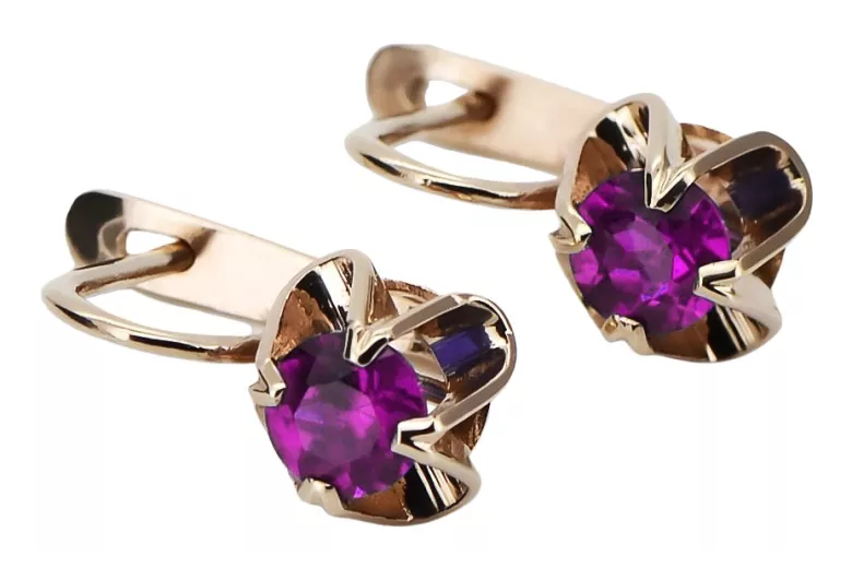 "Original Vintage Amethyst 14K Rose Gold Earrings - Authentic Russian Soviet vec018". style