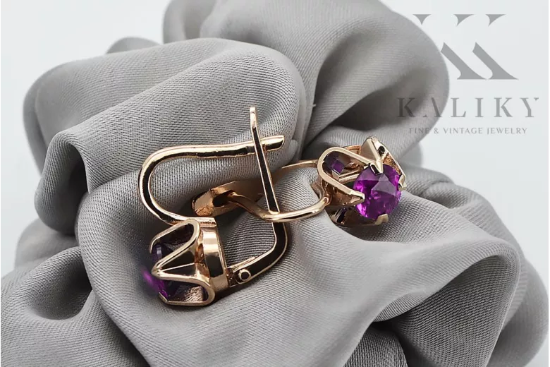 "Original Vintage Amethyst 14K Rose Gold Earrings - Authentic Russian Soviet vec018". style