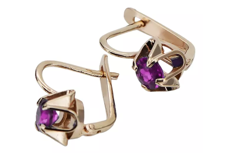 "Original Vintage Amethyst 14K Rose Gold Earrings - Authentic Russian Soviet vec018". style