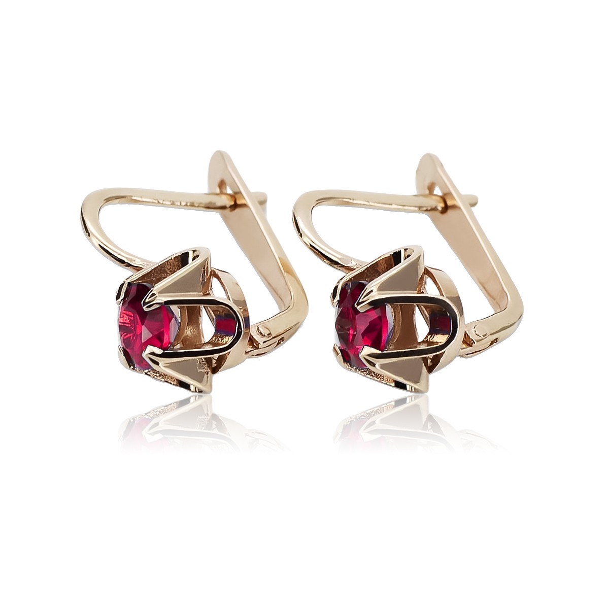 Boucles d'oreilles vec018 en Rubis et Or rose 14 carats 585, style vintage soviétique russe. style