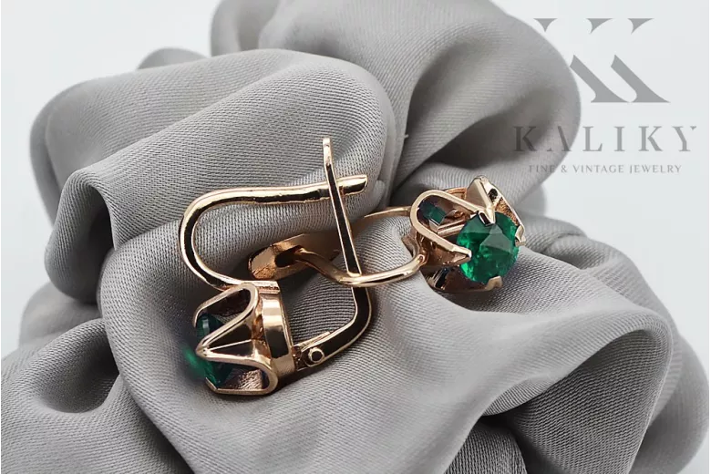 "Vintage Original Russian Soviet 14K Rose Gold Emerald Earrings vec018" style