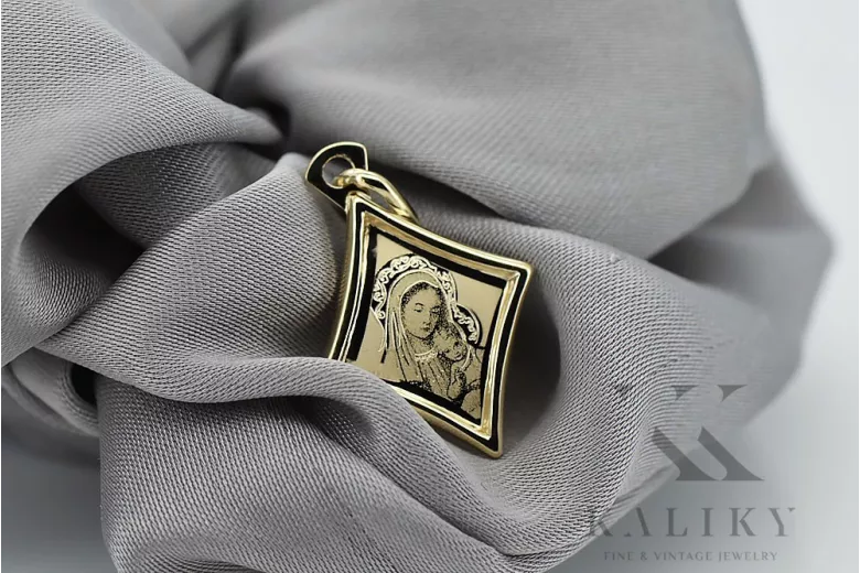 Colgante de icono de medallón de María de oro amarillo de 14k pm028y