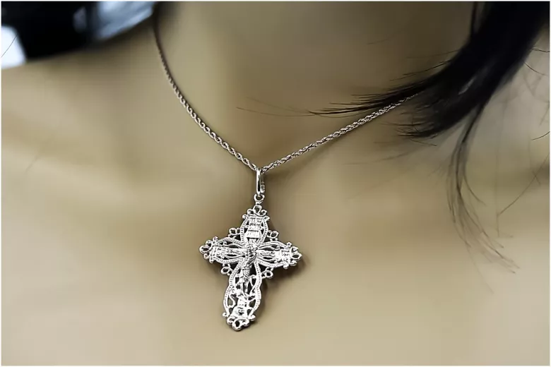 "Or Blanc 14k 585, Croix Orthodoxe Traditionnelle sans Pierres" oc012w