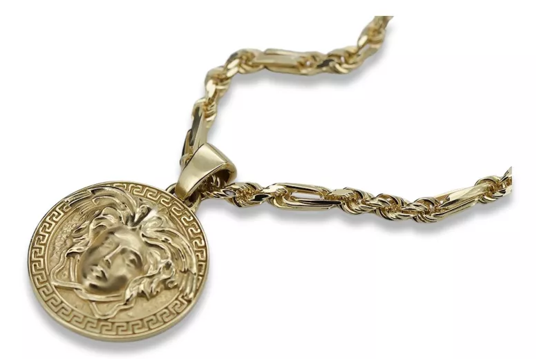 médaillon d'or méduse de la route grecque Versace 14k 585 avec chaîne Corda Figaro cpn049y20&cc004y45