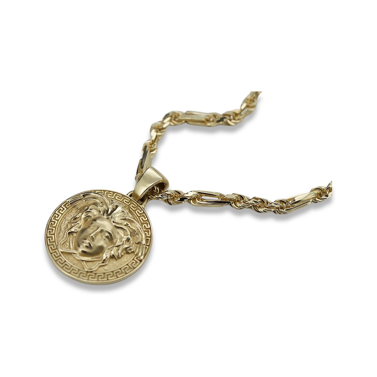 Versace 14k 585 Greek Way Jellyfish Gold Medallion with Corda Figaro Chain cpn049y20&cc004y45