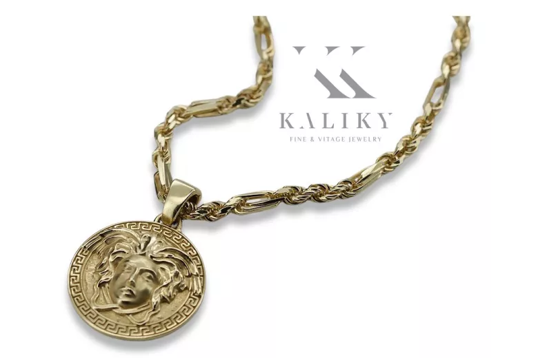 Greek style medallion Versace & Corda Figaro 14k gold chain cpn049y20&cc004y45