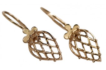 "Classic 14K 585 Rose Gold Vintage Leaf Earrings, Stone-less" ven014