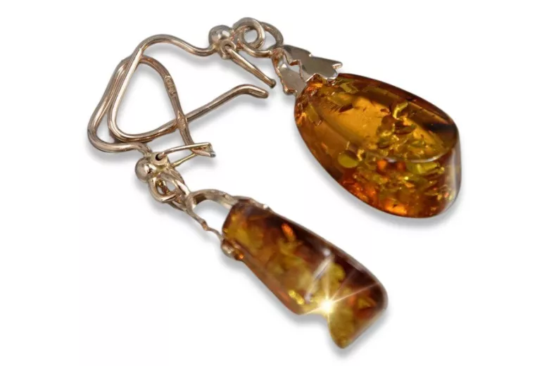 Boucles d’oreilles argentées soviétiques rose plaqué or 925 ambre veab002