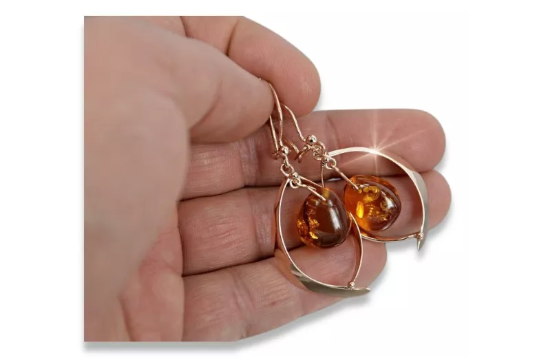 Russian Soviet silver rose gold plated 925 Amber earrings veab009