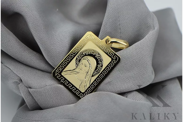 Gelber 14-Karat-Gold-Maria-Medaillon-Symbol-Anhänger pm030y