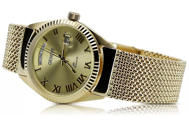 Gold Men's Watch Geneve ★ Zlotychlopak.pl ★ Puritate de aur 585 333 Preț scăzut!