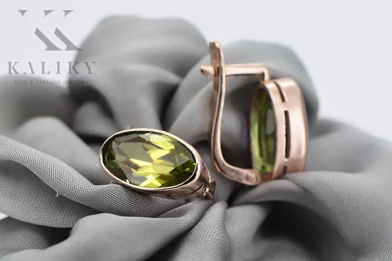 Peridot Galbe în Set de Cercei din Aur Roz 14k - Stil Rusesc Vintage vec001