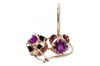 Or rose 14 carats et améthyste, boucles d'oreilles vintage d'inspiration soviétique russe style