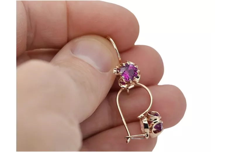 Vintage Russisch-Sowjetische 14K Roségold Amethyst Ohrringe im Originalen Stil vec035